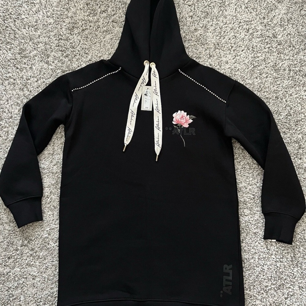 River Island Black Hoodie Dress with Pink Rose Embroidery